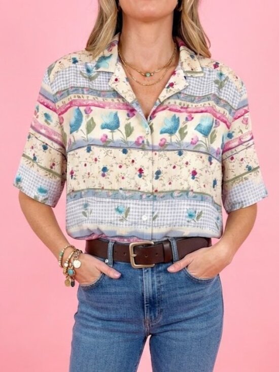 Vintage Tops - Vintage Granny Floral Stripe Print Button-Down Shirt